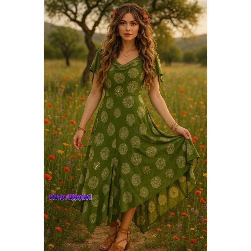Robbie Bee Dress Vintage 90's Sequin Bead Olive Green Boho Fairycore y2k Cottage